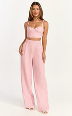 Sylvia Two Piece Set - Corset Top and High Waisted Wide Leg Pants Set in Pink