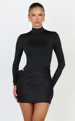 Naomi Mini Dress - Long Sleeve Draped Skirt Dress in Black