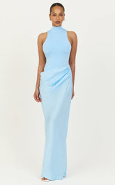 Elodie Maxi Dress - High Neck Draped Overlay Dress in Light Blue