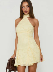 Bellanca Halter Pleat Mini Dress Butter Yellow Burnout