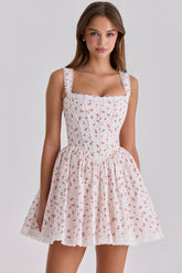 White Rose Print Cotton Corset Mini Dress