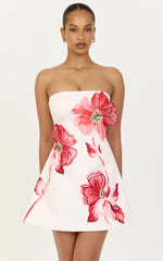 Elva Mini Dress - Strapless Floral Print Embroidered Dress in Water Colour Poppy Print