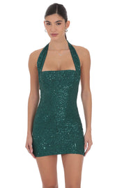 Sequin Halter Dress in Green