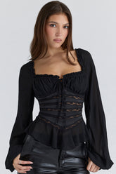 Black Long Sleeve Georgette Peplum Top