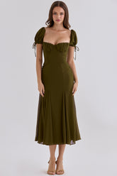 Olive Chiffon Puff Sleeve Midi Dress