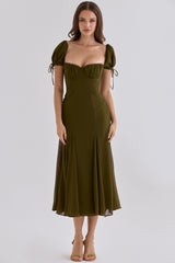 Olive Chiffon Puff Sleeve Midi Dress