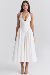 White Cotton Halter Midi Sundress