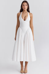 White Cotton Halter Midi Sundress