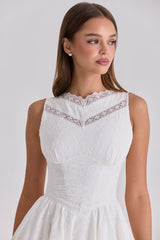 White Embroidered Cotton Lace Trim Mini Dress