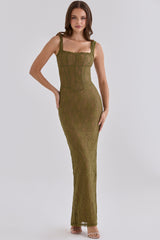 Olive Lace Scallop Trim Maxi Dress
