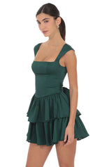 Satin Wide Strap Ruffle Dress in Green