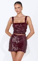 Almira Top - Square Neck Sequin Top in Wine