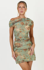 Jem Mini Dress - Asymmetrical Neckline Cap Sleeve Dress in Multi