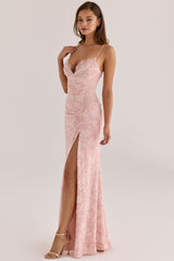 Blush Floral Crystal-embellished Lace Trim Maxi Dress