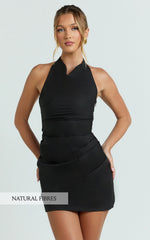 Felicity Mini Dress - Poplin Cowl Halter Gathered Dress in Black
