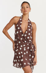 Lia Mini Dress - Wrap Around Dress in Choc Polka Dot