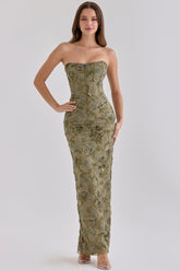 Olive Hand Beaded Embellished Strapless Maxi Dress - Limited Edition