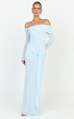 Waverly Maxi Dress - Long Sleeve Off Shoulder Dress in Blue