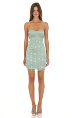 Floral Beaded Mini Dress in Sage Green