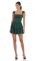 Satin Wide Strap Ruffle Dress in Green