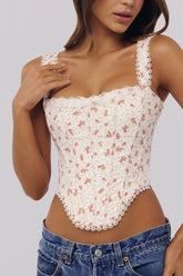 White Rose Print Cotton Scallop Trim Corset Top