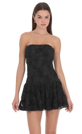 Strapless Rosette Mini Dress in Black