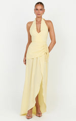 Reef Midi Dress - Plunge Halter Neck Ruched Waist Dress in Lemon