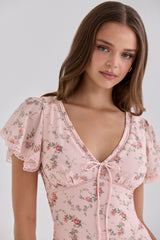 Pink Vintage Rose Print Georgette Maxi Tea Dress
