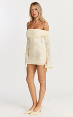 Raymond Mini Dress - Off Shoulder Long Sleeve Fitted Dress in Lemon