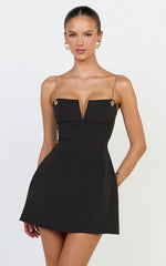 Darcelle Mini Dress - V Front Chain Strap Detail Dress in Black