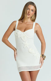 Silvena Mini Dress - Sheer Crochet Knit With Crochet Seashells Dress in Off White