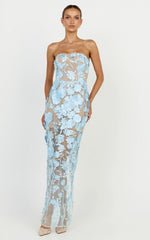 Sienna Maxi Dress - 3D Floral Strapless Column Dress in Blue