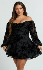 Jessell Mini Dress - Long Sleeve Cowl Corset Dress in Ebony Burnout