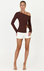 Josephine Top - Asymmetrical Neckline Long Sleeve Twist Detail Top in Chocolate
