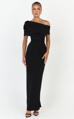 Ottilie Maxi Dress - Pin Tucked One Shoulder Fitted Dress in Black