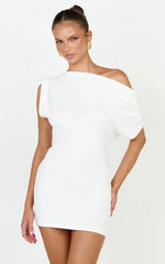Nalfie Mini Dress - Tipped Shoulder Jersey Drape Dress in White