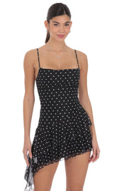 Polka Dot Mesh Tassel Dress in Black