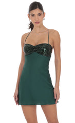 Satin Sequin Bust Dress in Green