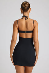 Embellished Heart Cup Detail Mini Dress in Black