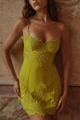 Chartreuse Custom Hand Beaded Embellished Mini Dress - Limited Edition