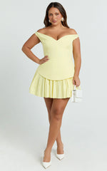 Izara Mini Dress - Off Shoulder Pleated Dress in Lemon