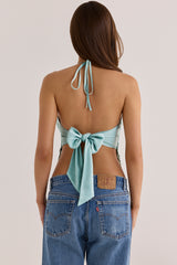 Jade Satin Custom Hand Embellished Halter Neck Top - Limited Edition