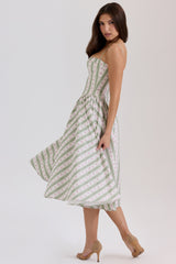 Sage Striped Floral Print Cotton Midi Dress