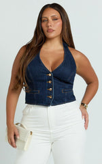 Walton Vest - Halter Neck Button Down Crop Recycled Denim Vest in Indigo Wash