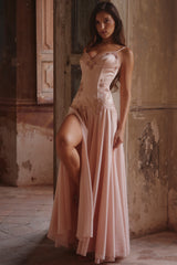 Blush Satin Custom Hand Beaded Embellished Maxi Dress - Limited Edition