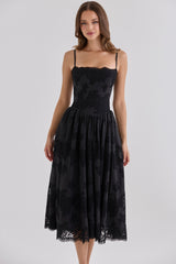 Black Custom Lace + Broderie Anglaise Cotton Midi Sundress