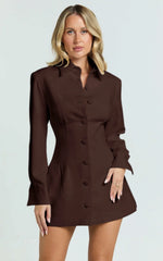 Thelma Mini Dress - Button Front Pleat Waist Tulip Skirt Shirtdress in Chocolate