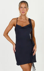 Alani Mini Dress - Open Cowl Back Flounce Detail Dress in Navy