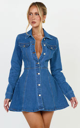 Cleo Mini Dress - Panel Detail Stretch Denim Shirt Dress in Mid Blue Wash