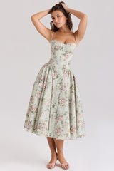 Sage Floral Print Cotton Midi Dress